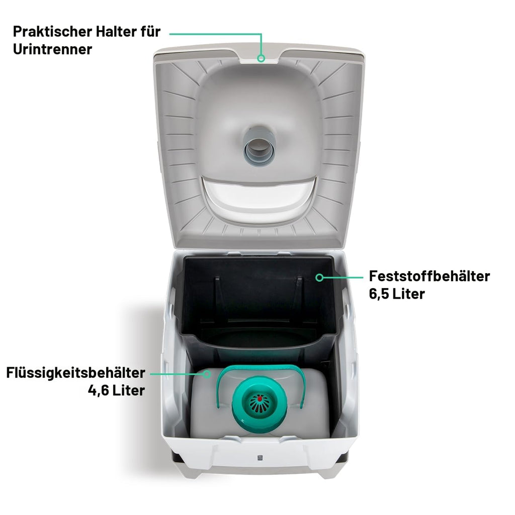 Mobile Trockentrenntoilette WandaGO P1 höhenverstellbar 31–44 cm 150 kg 6,5 L + 4,6 L Grau