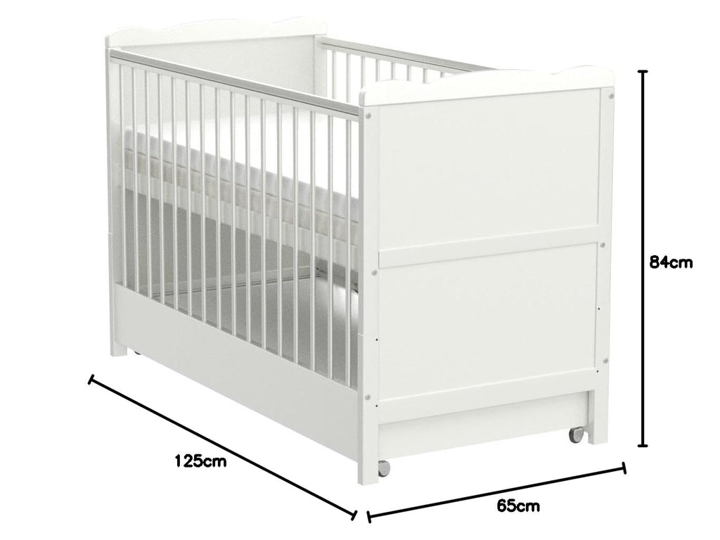 Baby Gitterbett mit Schublade 3-fach höhenverstellbar 6 cm Aloe Vera Matratze Zahnschienen umbaubar zum Juniorbett 120 x 60 cm Weiß