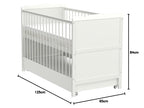 Baby Gitterbett mit Schublade 3-fach höhenverstellbar 6 cm Aloe Vera Matratze Zahnschienen umbaubar zum Juniorbett 120 x 60 cm Weiß