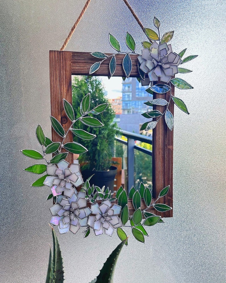 Glasmalerei Pfingstrose Spiegel 30x40 cm Holzrahmen Wandkunst Tiffany