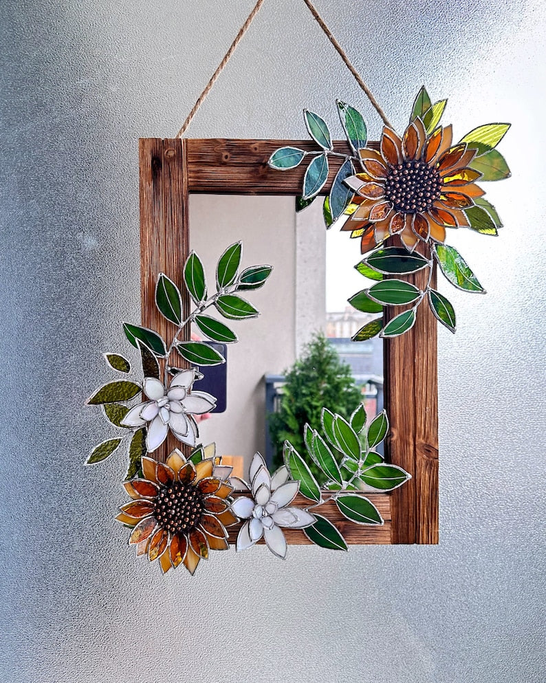 Glasmalerei Sonnenblumen Spiegel 30x40 cm Wanddeko Tiffany Blumenkunst