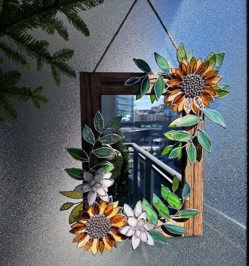 Glasmalerei Sonnenblumen Spiegel 30x40 cm Wanddeko Tiffany Blumenkunst