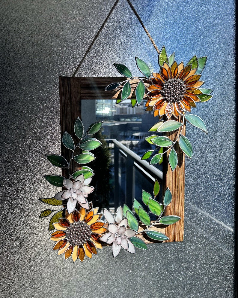 Glasmalerei Sonnenblumen Spiegel 30x40 cm Wanddeko Tiffany Blumenkunst