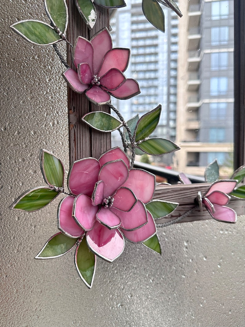 Glasmalerei-Spiegel mit Magnolien, Holzrahmen, botanische Wanddekoration, 30x40 cm