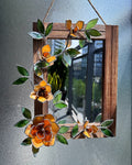 Tiffany-Stil Spiegel mit Glasblumen Magnolien Bernstein Naturholz Wanddekoration