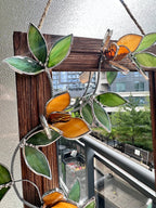 Tiffany-Stil Spiegel mit Glasblumen Magnolien Bernstein Naturholz Wanddekoration