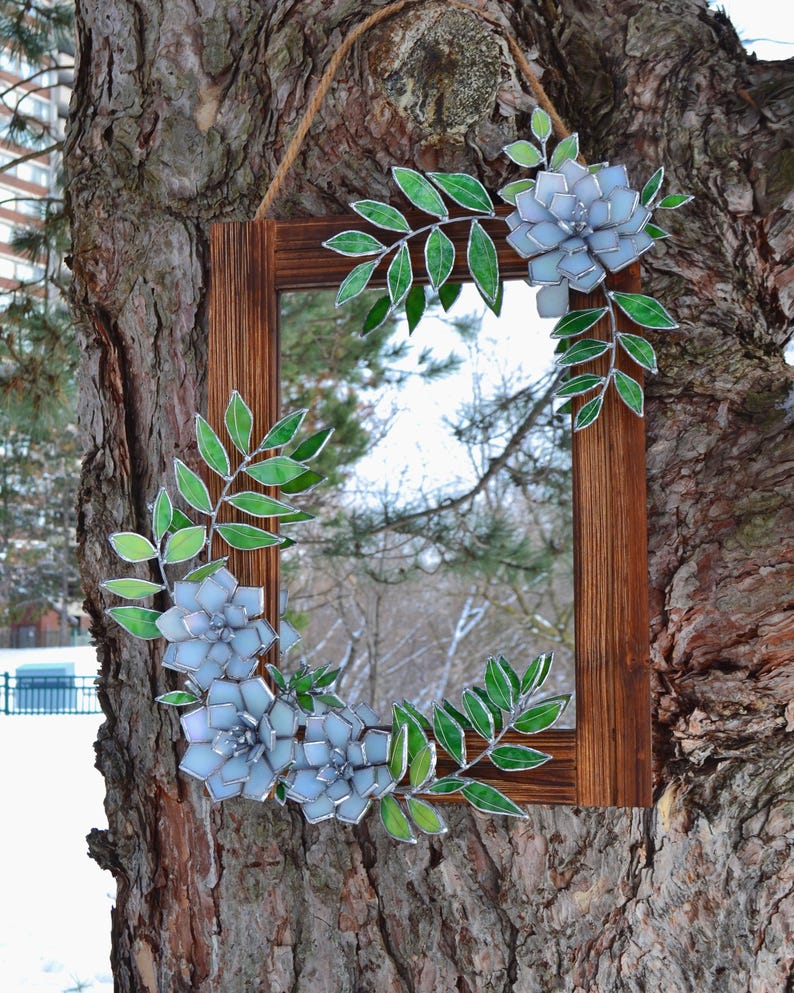 Glasmalerei Pfingstrose Spiegel 30x40 cm Holzrahmen Wandkunst Tiffany