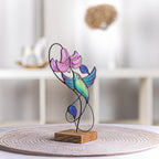 Kolibri- und Lilien-Skulptur aus Buntglas, Tiffany-Technik, Eichensockel, 26 cm