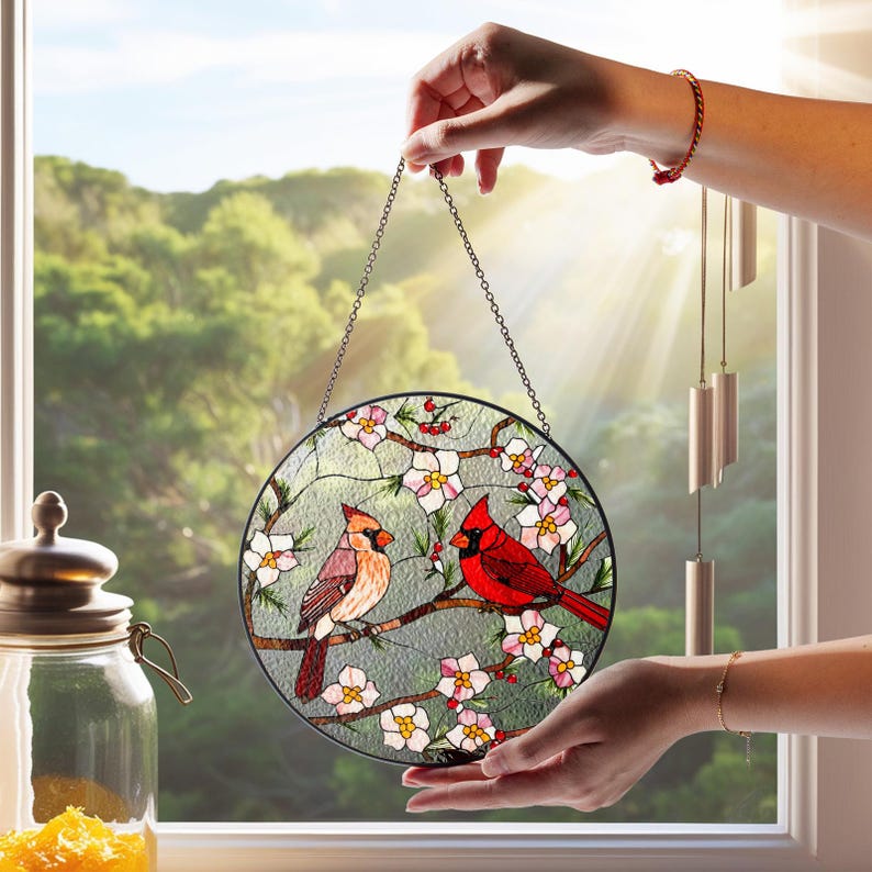 Kardinal Glasmalerei Suncatcher Fensterbehang Vogelglaskunst Wohnkultur Gedenk-Sonnenfänger