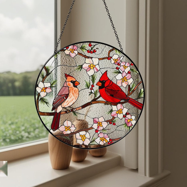 Kardinal Glasmalerei Suncatcher Fensterbehang Vogelglaskunst Wohnkultur Gedenk-Sonnenfänger