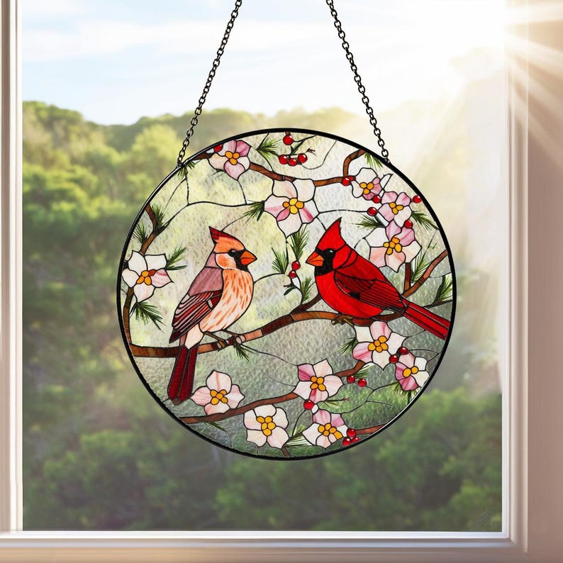 Kardinal Glasmalerei Suncatcher Fensterbehang Vogelglaskunst Wohnkultur Gedenk-Sonnenfänger
