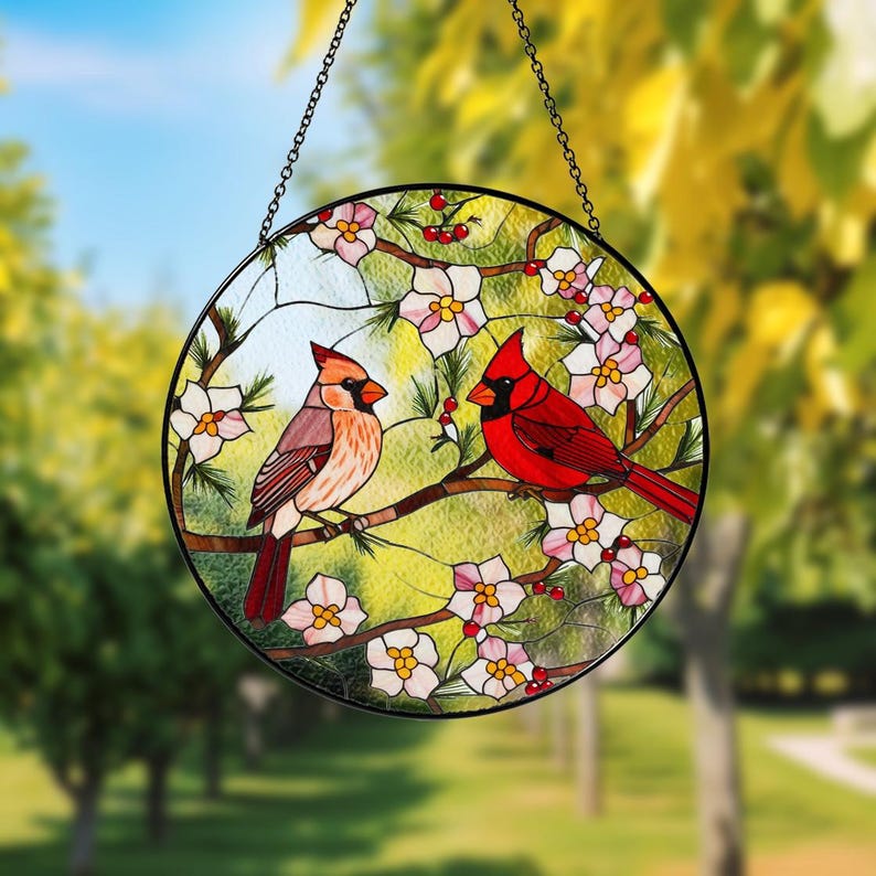 Kardinal Glasmalerei Suncatcher Fensterbehang Vogelglaskunst Wohnkultur Gedenk-Sonnenfänger