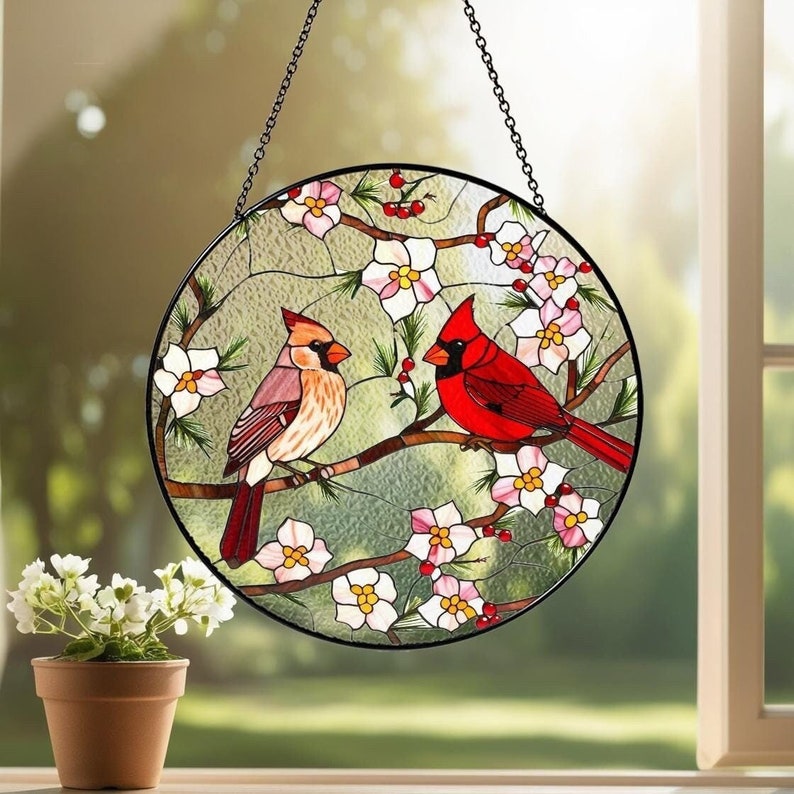 Kardinal Glasmalerei Suncatcher Fensterbehang Vogelglaskunst Wohnkultur Gedenk-Sonnenfänger