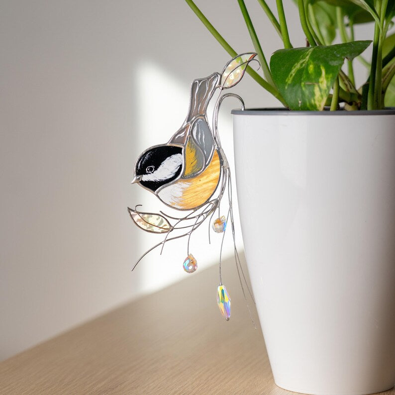 Stained Glass Chickadee Pflanzenstecker, Kristall Suncatcher für Blumentöpfe, 4x6 Zoll