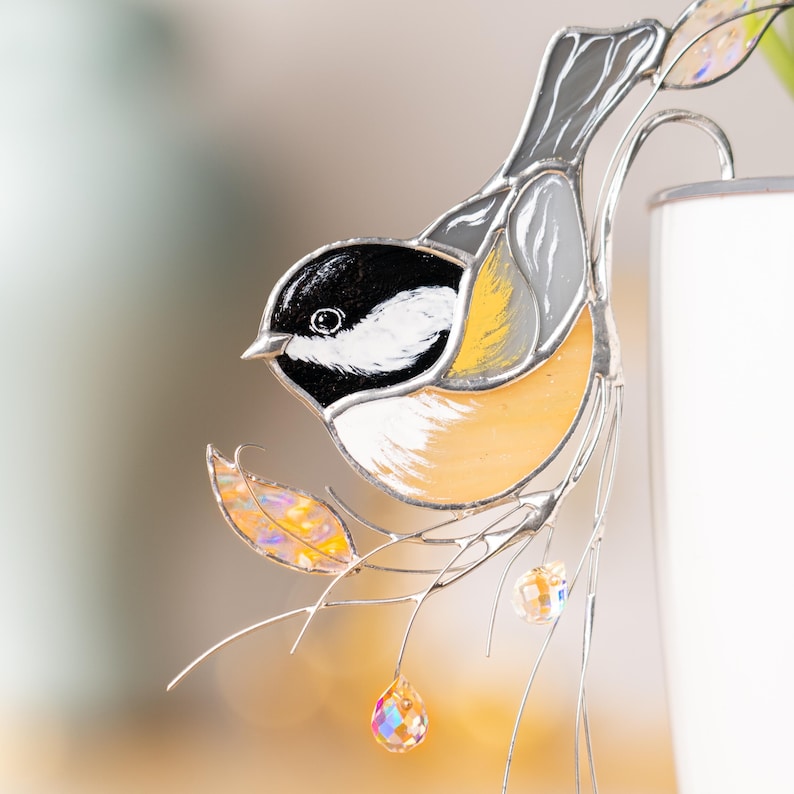 Stained Glass Chickadee Pflanzenstecker, Kristall Suncatcher für Blumentöpfe, 4x6 Zoll