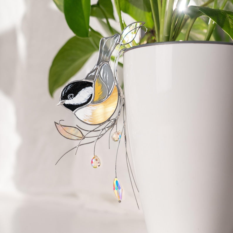 Stained Glass Chickadee Pflanzenstecker, Kristall Suncatcher für Blumentöpfe, 4x6 Zoll