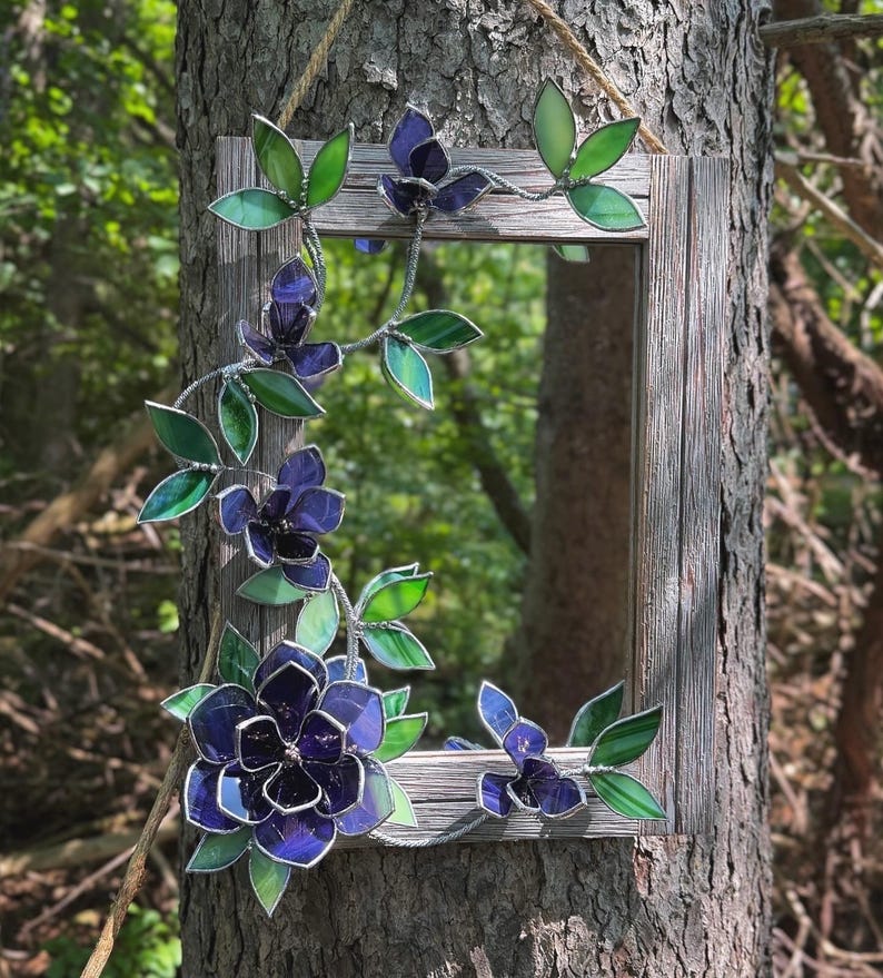 Amethyst Magnolia Stained Glass Mirror, Handmade Floral Wall Decor, 30x40 cm, Tabletop
