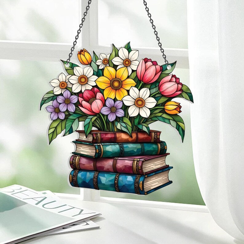 Blumenbuch Acryl-Fensterbehang, Buchliebhaber Geschenk, Literarisches Wohndekor
