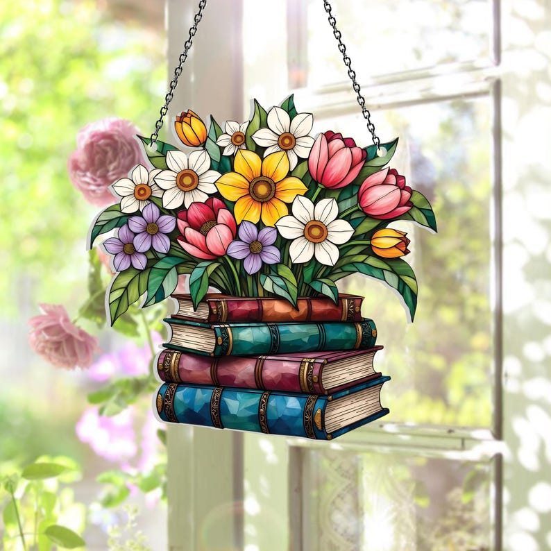 Blumenbuch Acryl-Fensterbehang, Buchliebhaber Geschenk, Literarisches Wohndekor