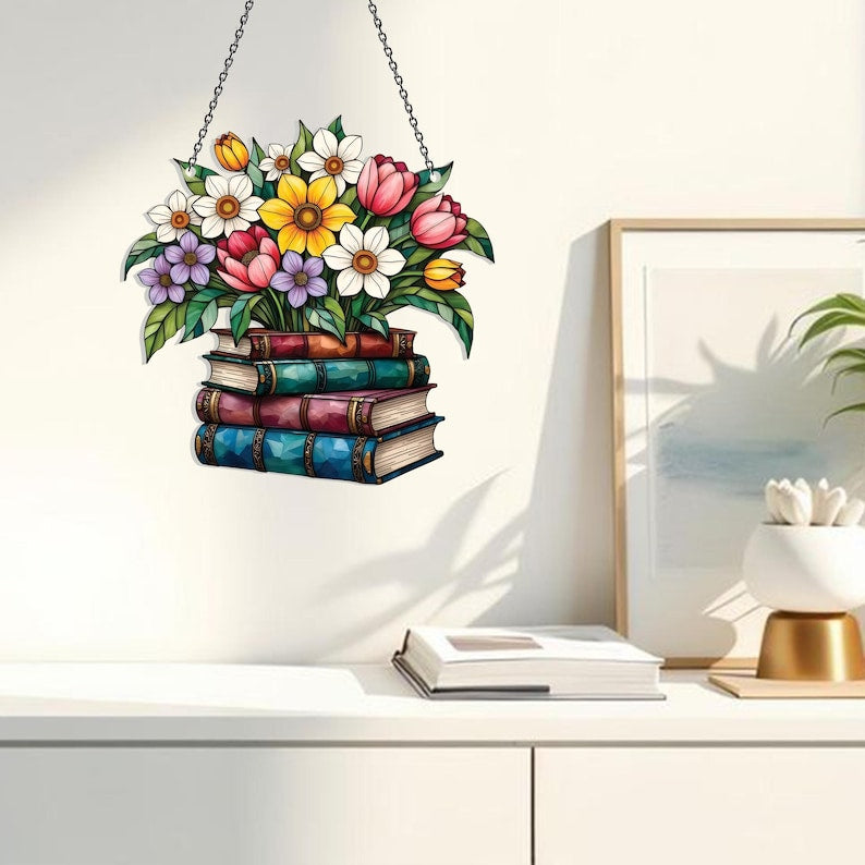 Blumenbuch Acryl-Fensterbehang, Buchliebhaber Geschenk, Literarisches Wohndekor