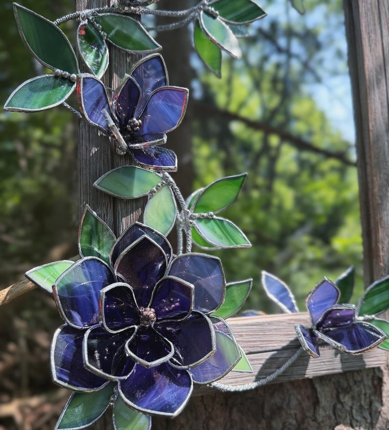 Amethyst Magnolia Stained Glass Mirror, Handmade Floral Wall Decor, 30x40 cm, Tabletop