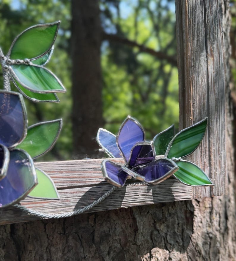 Amethyst Magnolia Stained Glass Mirror, Handmade Floral Wall Decor, 30x40 cm, Tabletop