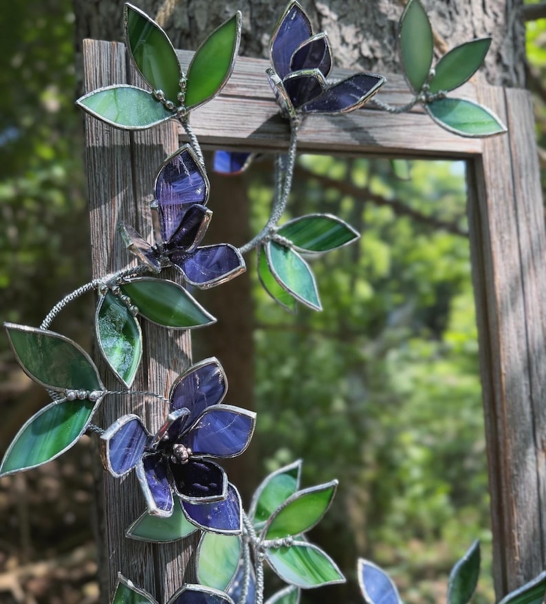 Amethyst Magnolia Stained Glass Mirror, Handmade Floral Wall Decor, 30x40 cm, Tabletop