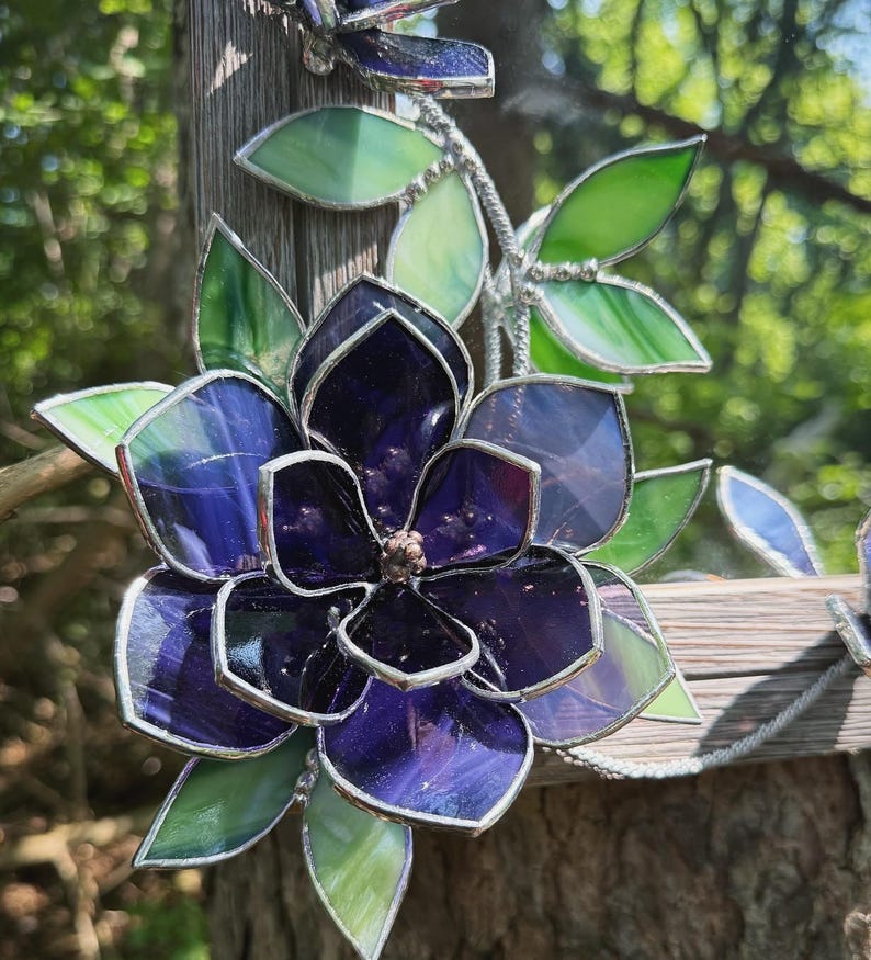 Amethyst Magnolia Stained Glass Mirror, Handmade Floral Wall Decor, 30x40 cm, Tabletop