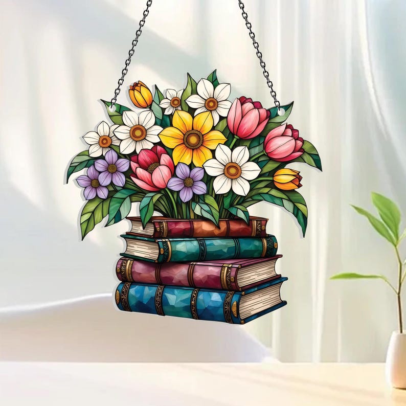 Blumenbuch Acryl-Fensterbehang, Buchliebhaber Geschenk, Literarisches Wohndekor