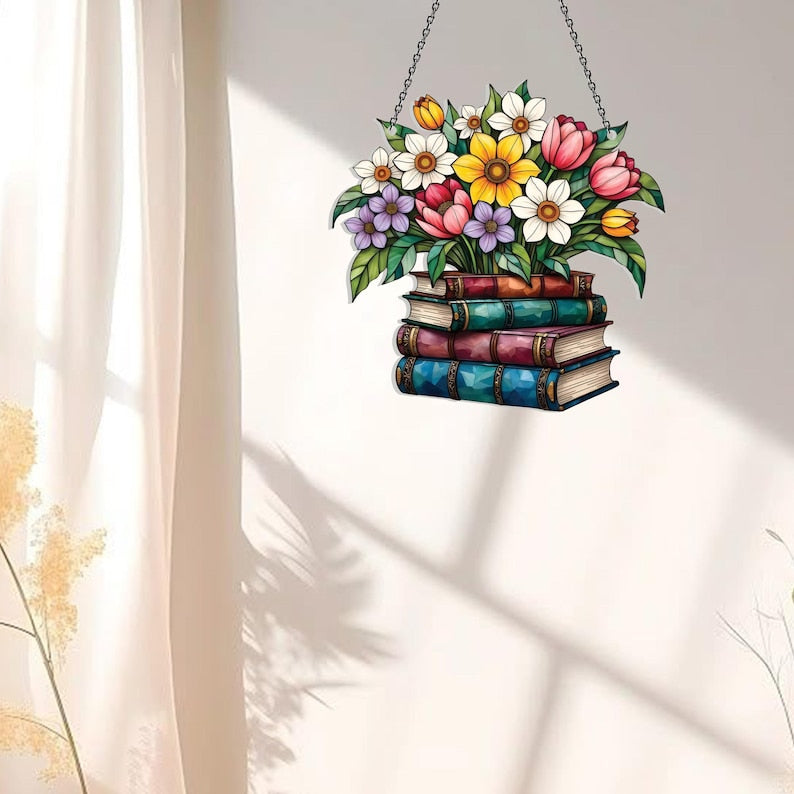 Blumenbuch Acryl-Fensterbehang, Buchliebhaber Geschenk, Literarisches Wohndekor