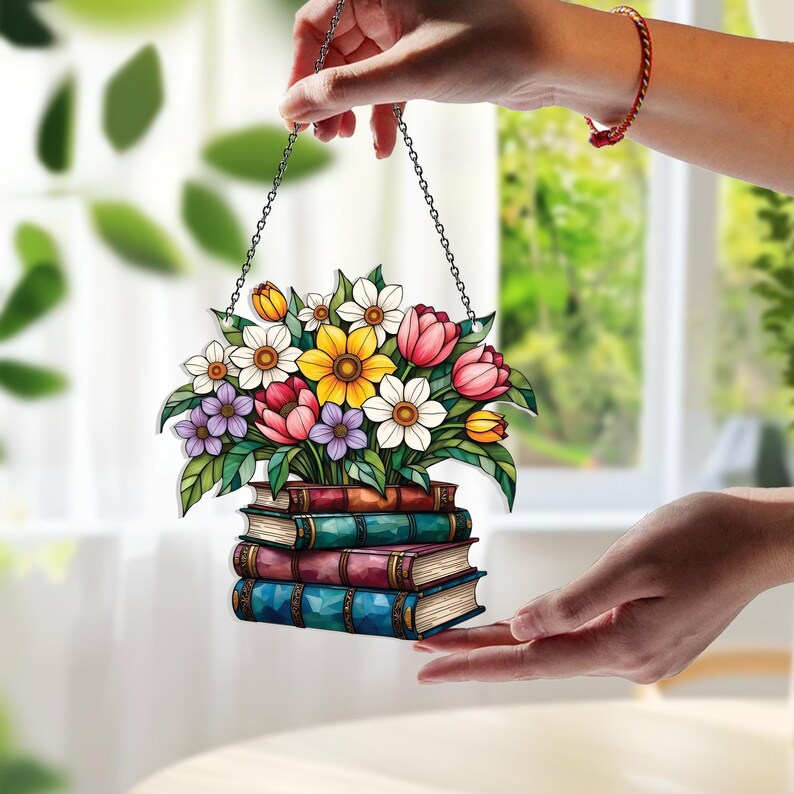 Blumenbuch Acryl-Fensterbehang, Buchliebhaber Geschenk, Literarisches Wohndekor