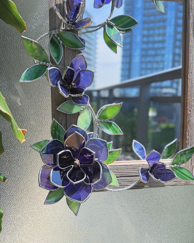 Amethyst Magnolia Stained Glass Mirror, Handmade Floral Wall Decor, 30x40 cm, Tabletop