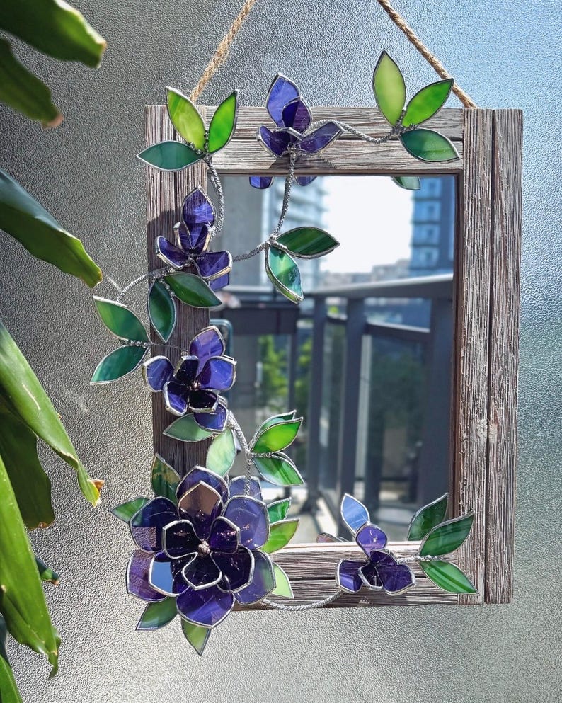 Amethyst Magnolia Stained Glass Mirror, Handmade Floral Wall Decor, 30x40 cm, Tabletop