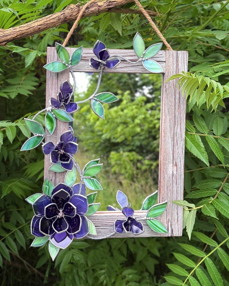 Amethyst Magnolia Stained Glass Mirror, Handmade Floral Wall Decor, 30x40 cm, Tabletop