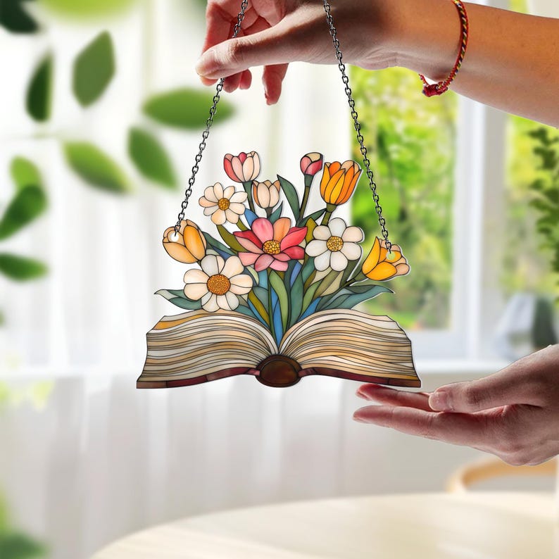 Acryl Blumen Fensterschmuck, Buch Sonnenfänger, Bibliothek Dekor, Geschenk für Buchliebhaber