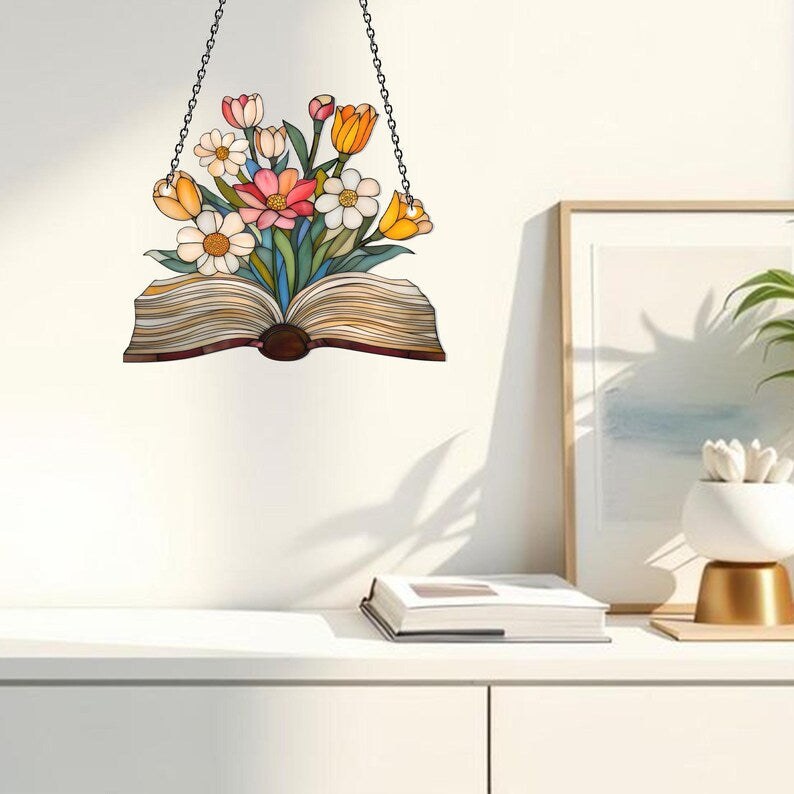 Acryl Blumen Fensterschmuck, Buch Sonnenfänger, Bibliothek Dekor, Geschenk für Buchliebhaber