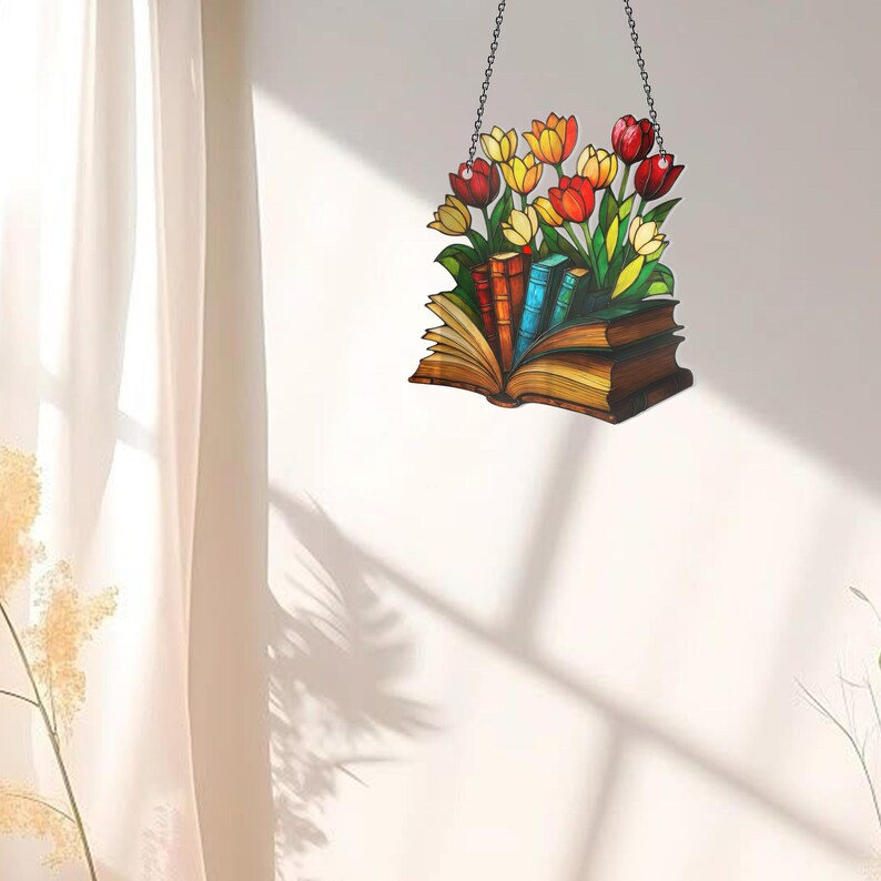 Acryl Sonnenfänger Tulpe Buch für Leser, Fenster Deko Blumen Design, 3mm, mit Kette