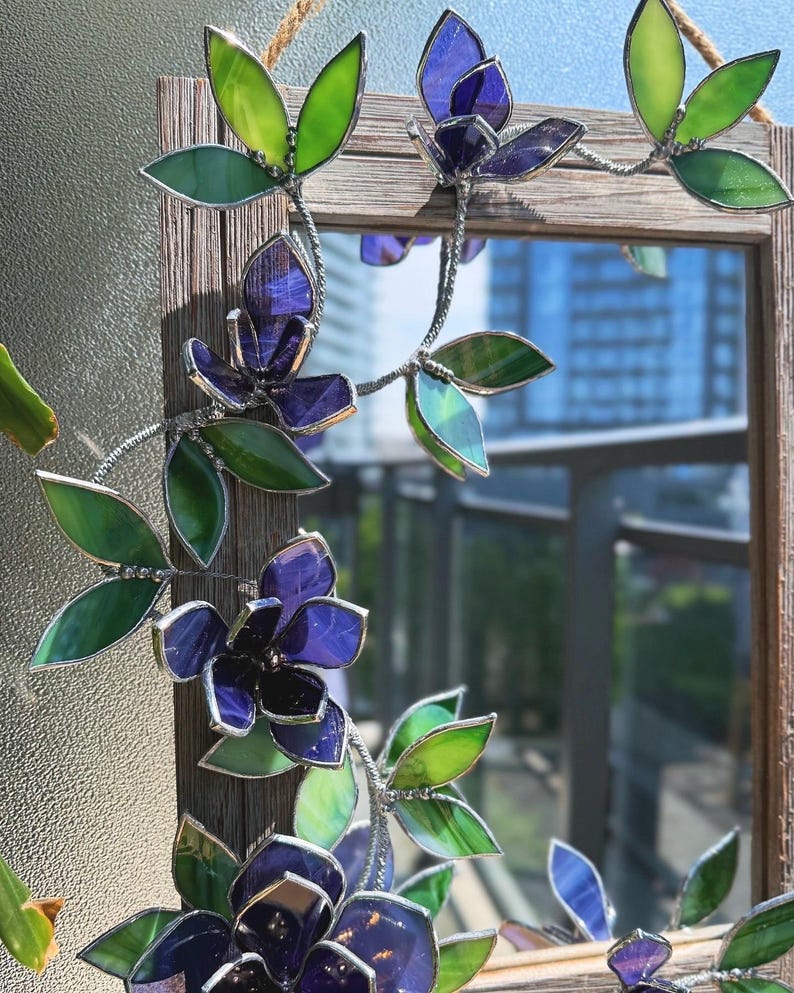 Amethyst Magnolia Stained Glass Mirror, Handmade Floral Wall Decor, 30x40 cm, Tabletop