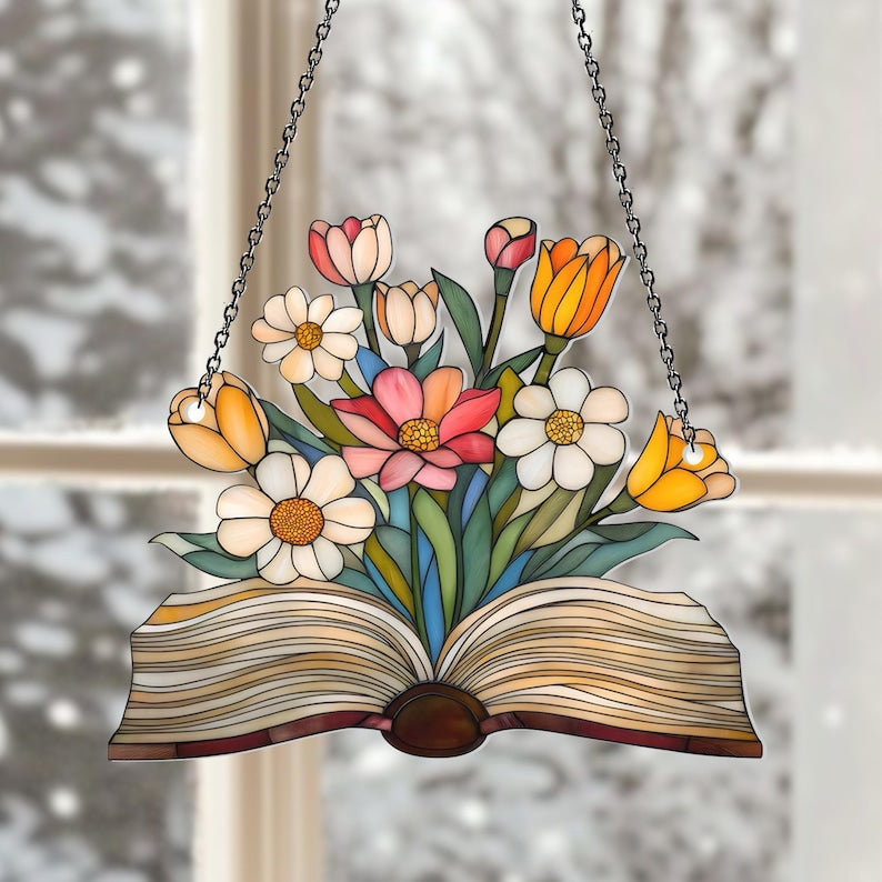 Acryl Blumen Fensterschmuck, Buch Sonnenfänger, Bibliothek Dekor, Geschenk für Buchliebhaber
