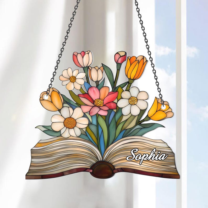 Acryl Blumen Fensterschmuck, Buch Sonnenfänger, Bibliothek Dekor, Geschenk für Buchliebhaber