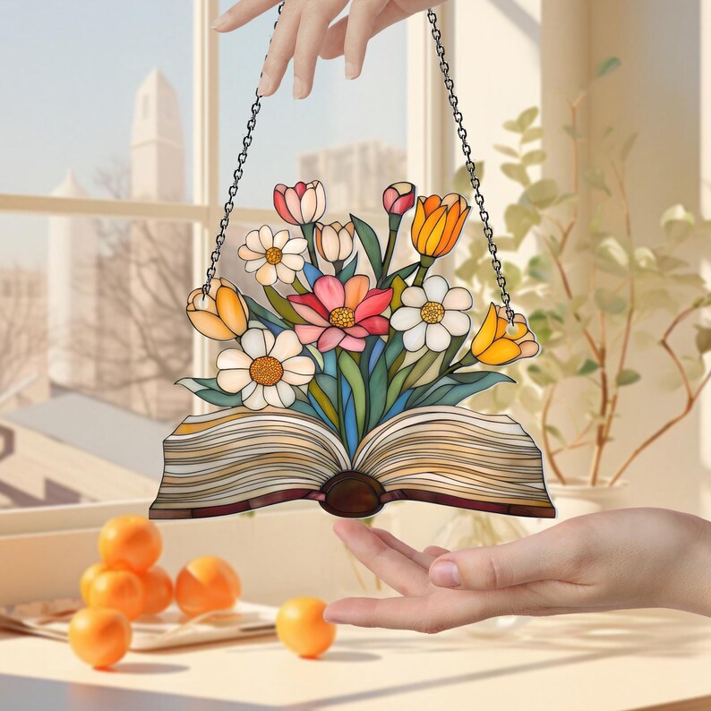 Acryl Blumen Fensterschmuck, Buch Sonnenfänger, Bibliothek Dekor, Geschenk für Buchliebhaber