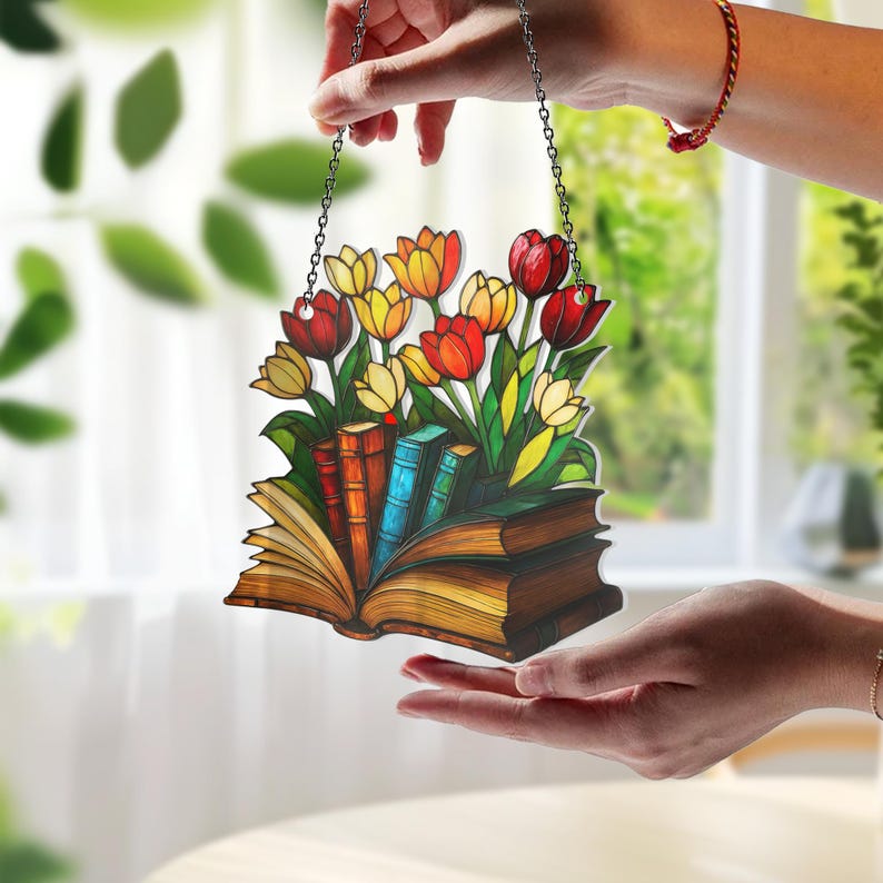Acryl Sonnenfänger Tulpe Buch für Leser, Fenster Deko Blumen Design, 3mm, mit Kette