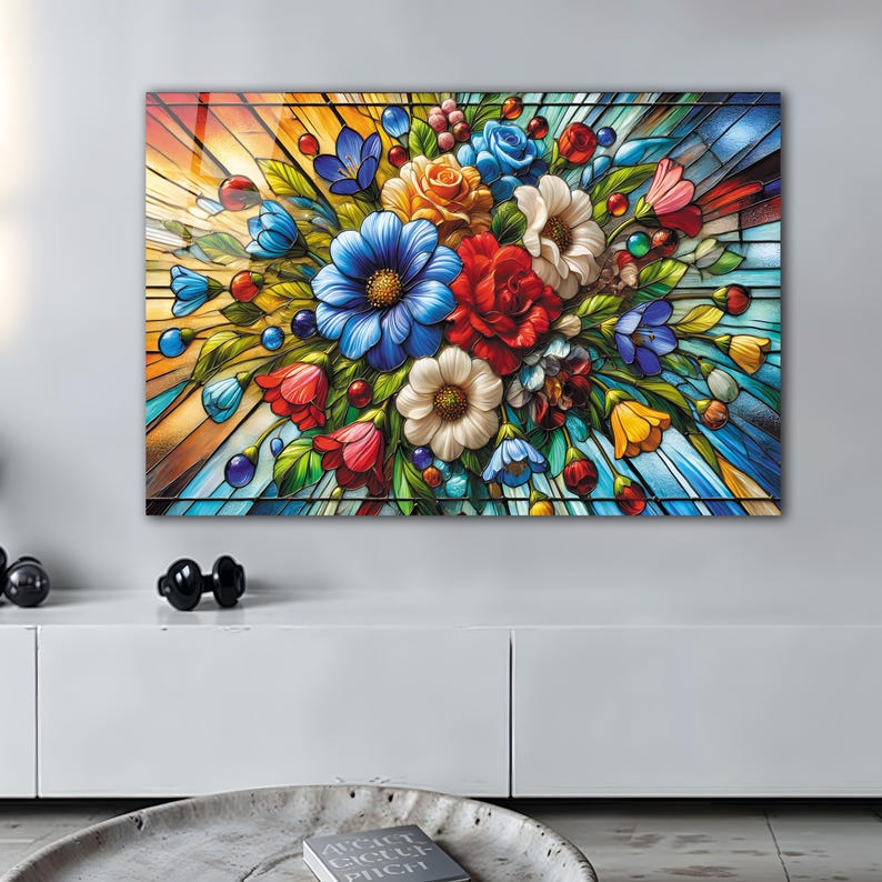 Mosaik-Stil Blumendruck Wandkunst aus gehärtetem Glas, Floral Wanddekor