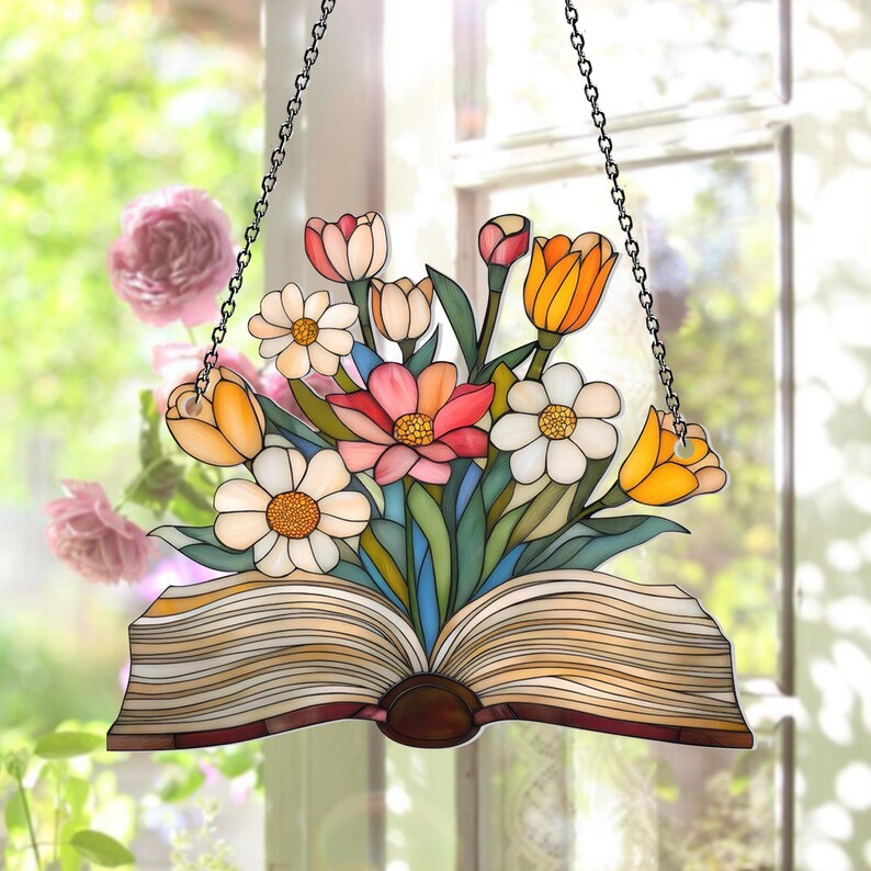 Acryl Blumen Fensterschmuck, Buch Sonnenfänger, Bibliothek Dekor, Geschenk für Buchliebhaber