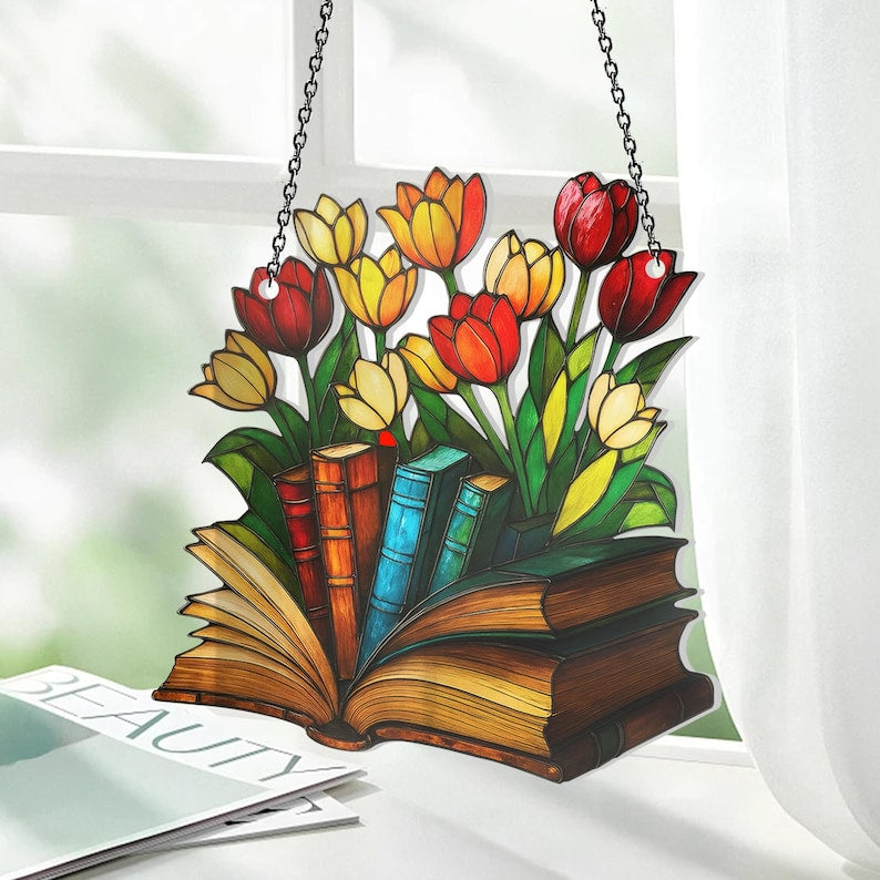 Acryl Sonnenfänger Tulpe Buch für Leser, Fenster Deko Blumen Design, 3mm, mit Kette