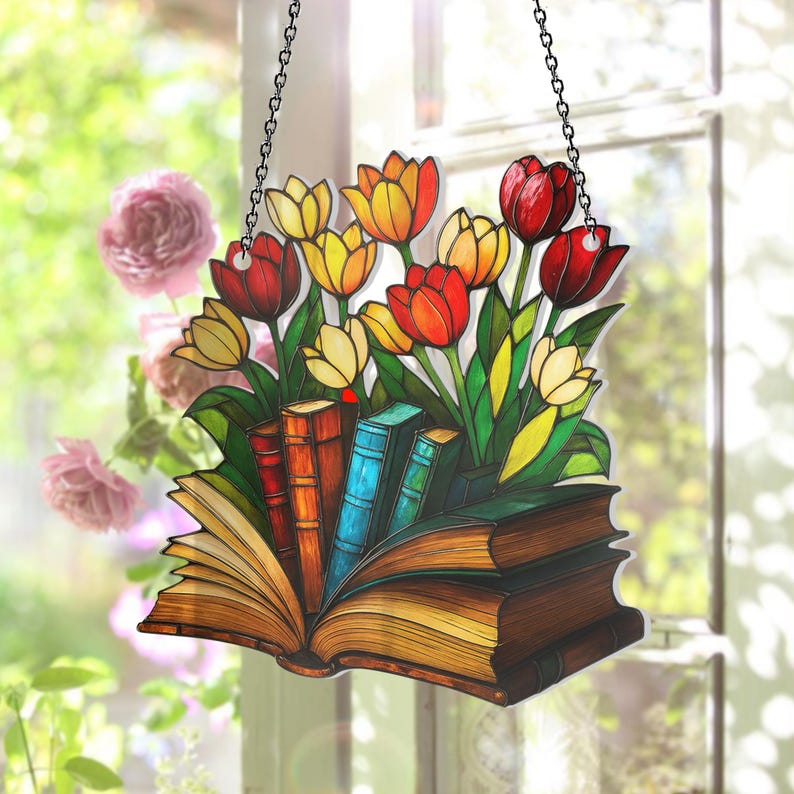 Acryl Sonnenfänger Tulpe Buch für Leser, Fenster Deko Blumen Design, 3mm, mit Kette