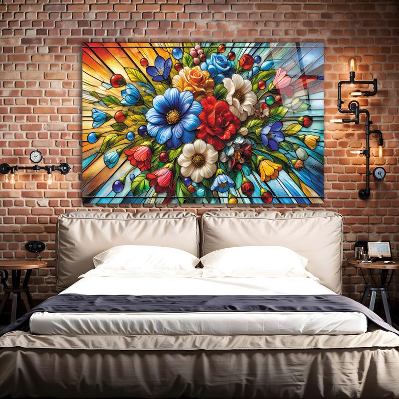 Mosaik-Stil Blumendruck Wandkunst aus gehärtetem Glas, Floral Wanddekor