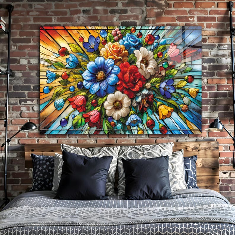 Mosaik-Stil Blumendruck Wandkunst aus gehärtetem Glas, Floral Wanddekor
