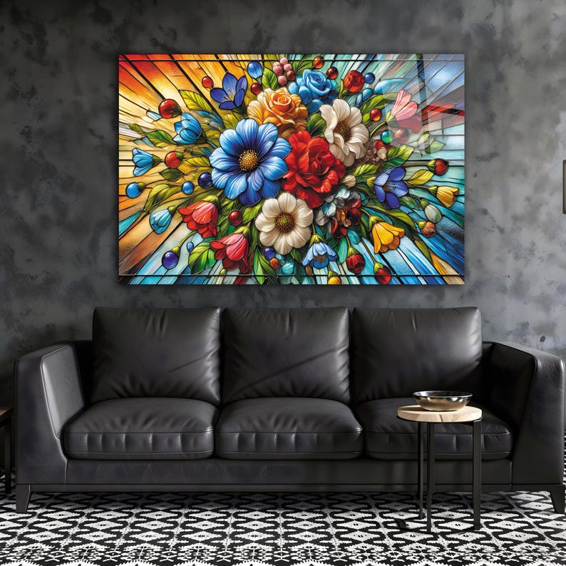 Mosaik-Stil Blumendruck Wandkunst aus gehärtetem Glas, Floral Wanddekor
