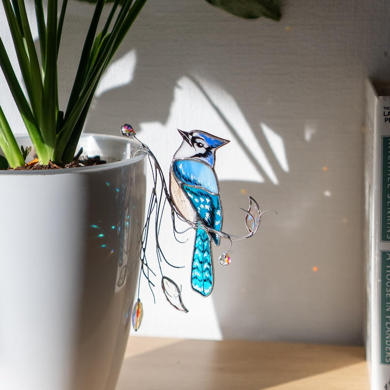 Glasmalerei Blauhäher Suncatcher 3,5 x 5,25 Zoll, Kristall, Handgefertigt, Fensterdeko